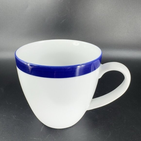 Crate & Barrel Belmont White Cobalt Blue Band Sri Lanka Porcelain Mugs Cups Set2 - Picture 9 of 14